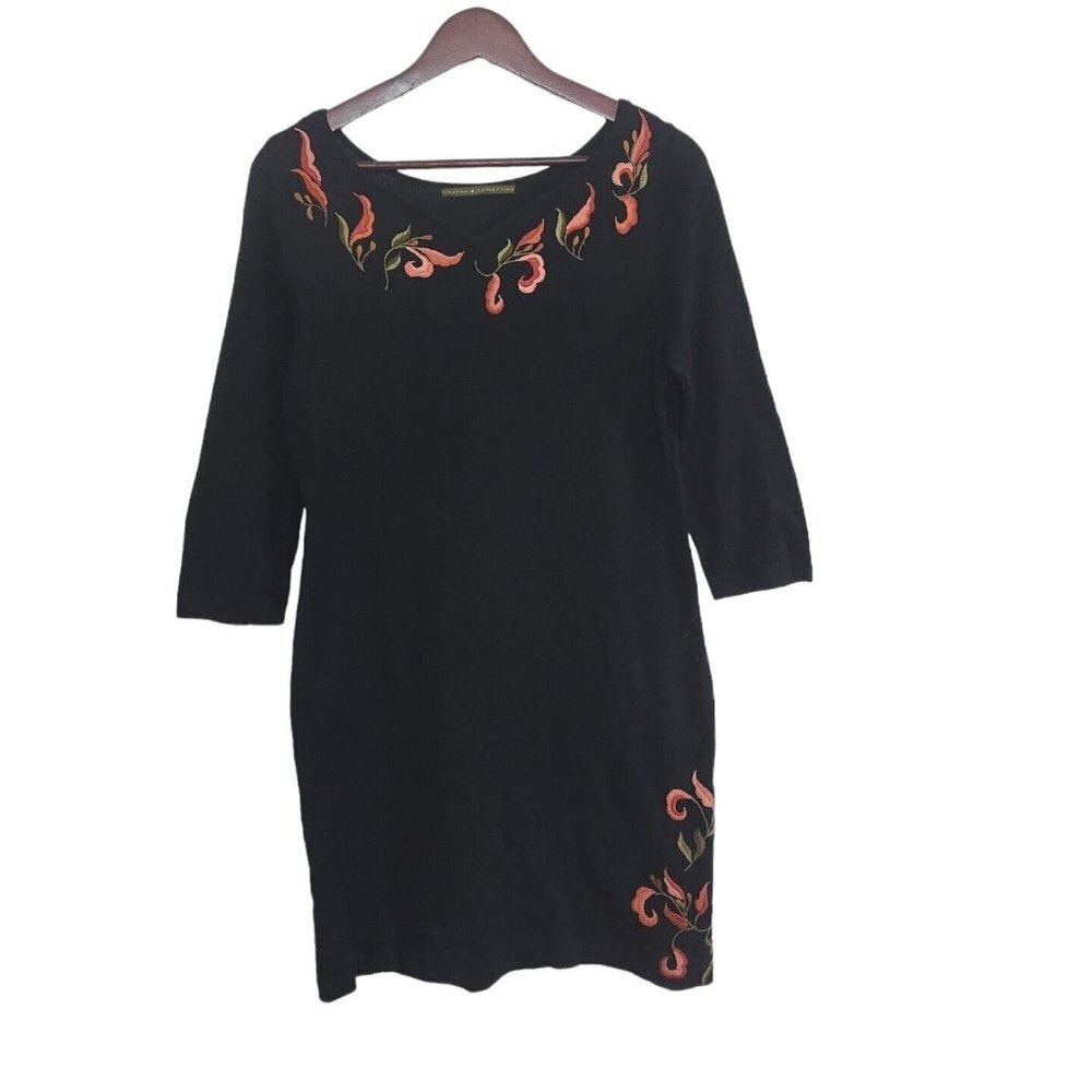 Peruvian Connections Black Midi Dress Orange Embroidered Floral Pima Cotton S/M